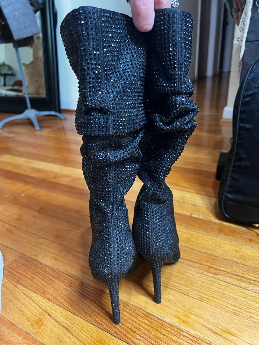 Jessica Simpson Black Rhinestone Slouch Stiletto Boots Size 7.5M - Picture 5 of 12